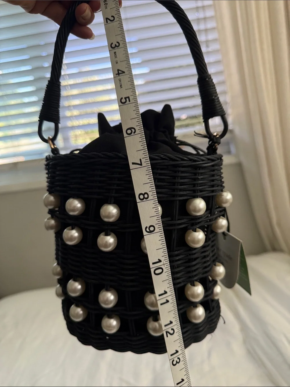 kate spade Black Wicker Bucket Bag with Pearl Accents